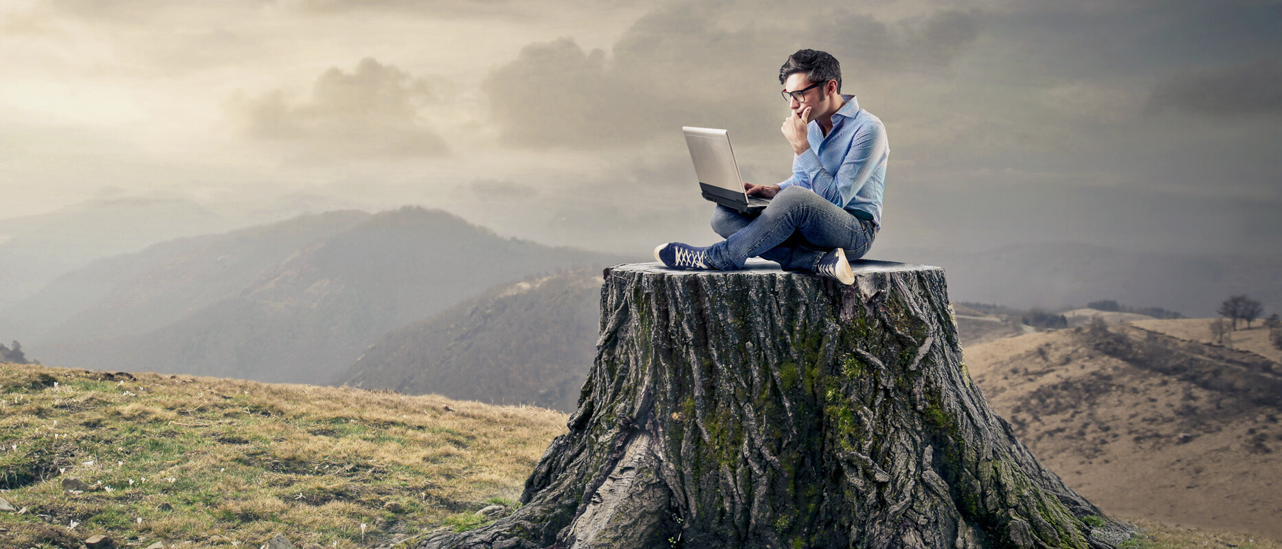 Ein Mann sitzt mit einem Laptop in der Hand auf einem Baumstrunk. 