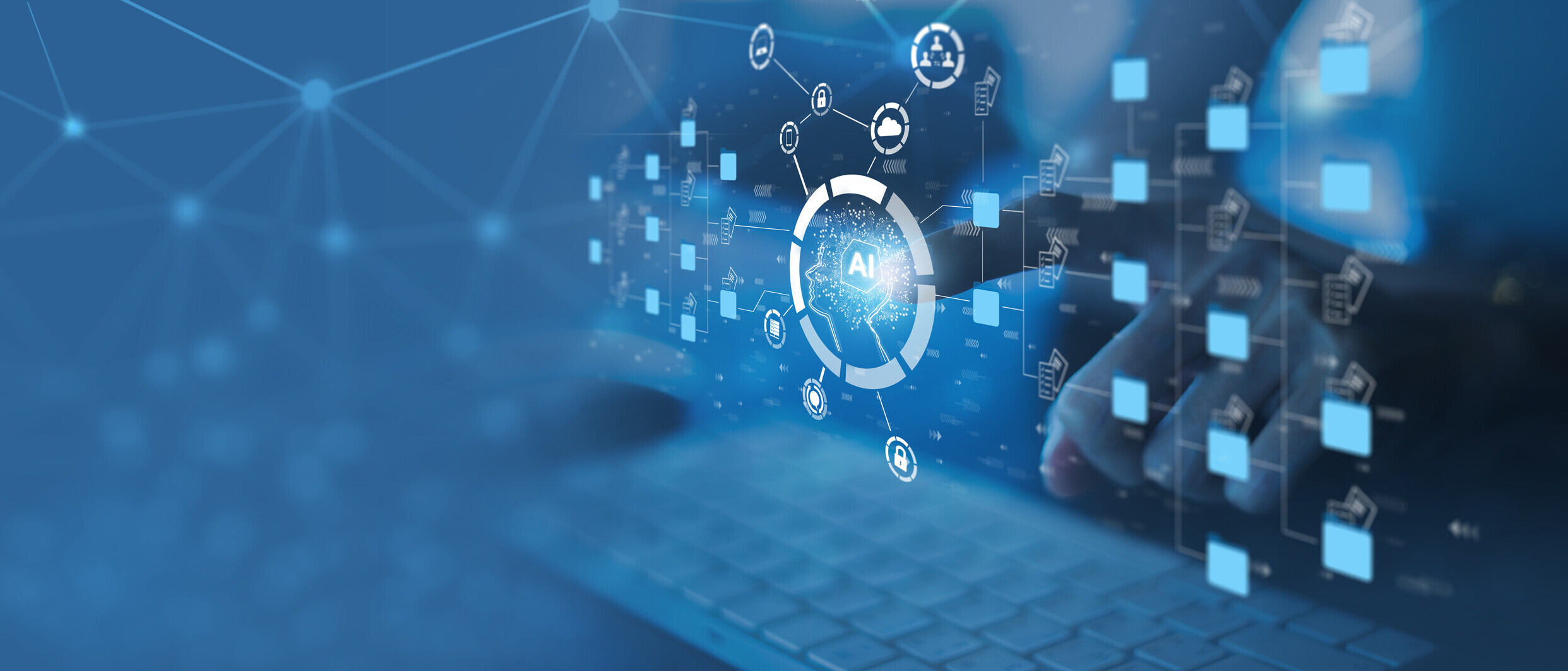 Businesswoman Using Ai artificial intelligence on laptop to document management concept, online documentation database and digital file storage system or software, records keeping, database technology