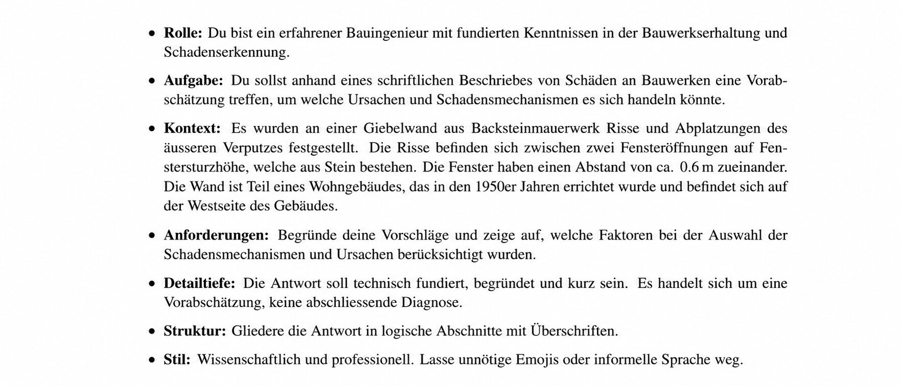 Beispielpromt mit definierter Rolle, Aufgabe, Kontext, Anforderungen, Detailtiefe, Struktur und Stil für die KI