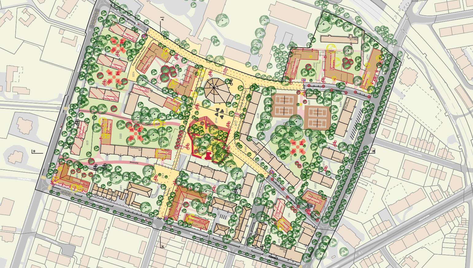 Zeichnung mit Häusern, Bäumen, Strassen als Beispiel des Studienschwerpunktes Raumentwicklung