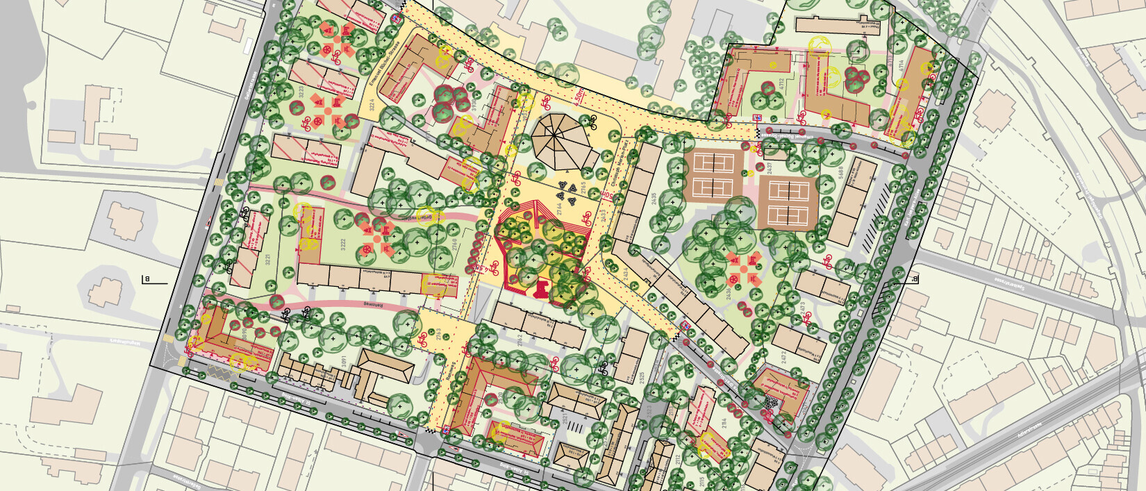 Zeichnung mit Häusern, Bäumen, Strassen als Beispiel des Studienschwerpunktes Raumentwicklung