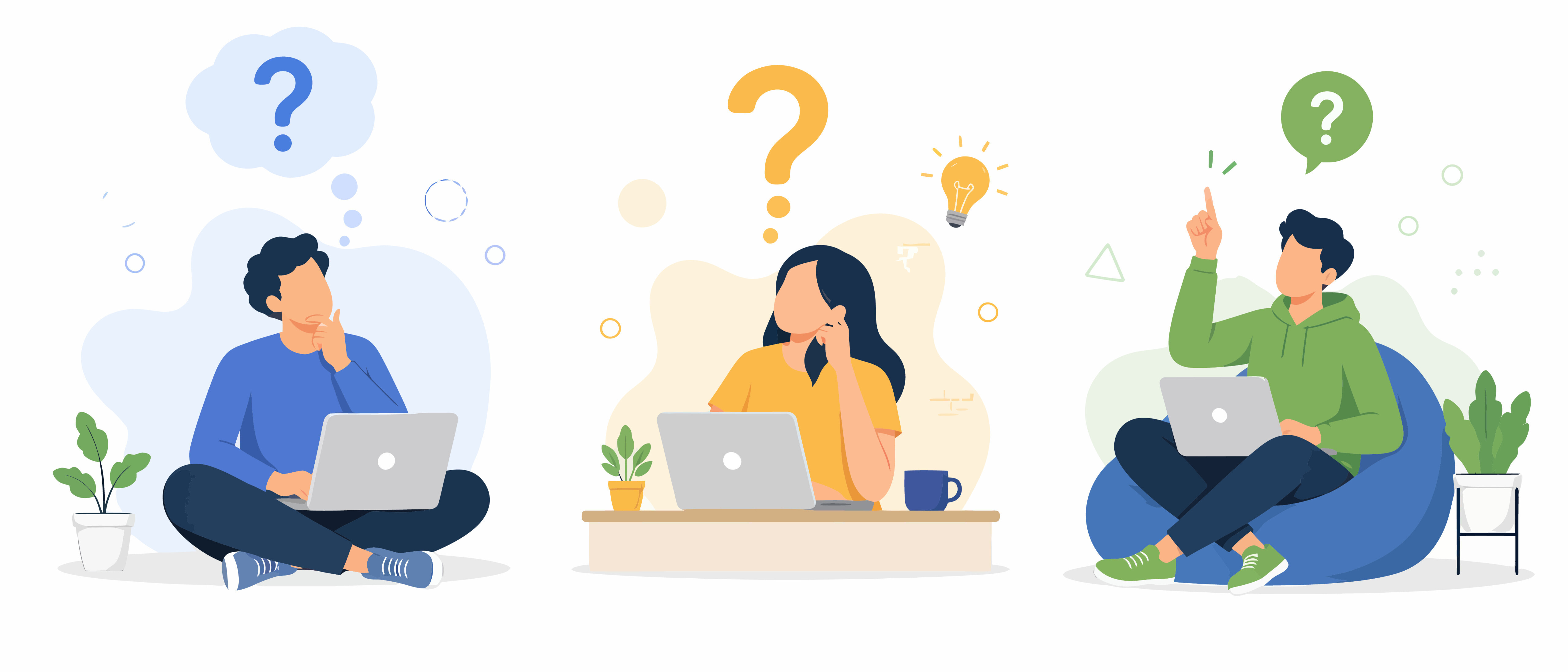 Illustration von drei Personen mit Laptops, die über unterschiedliche Fragen und Ideen nachdenken.