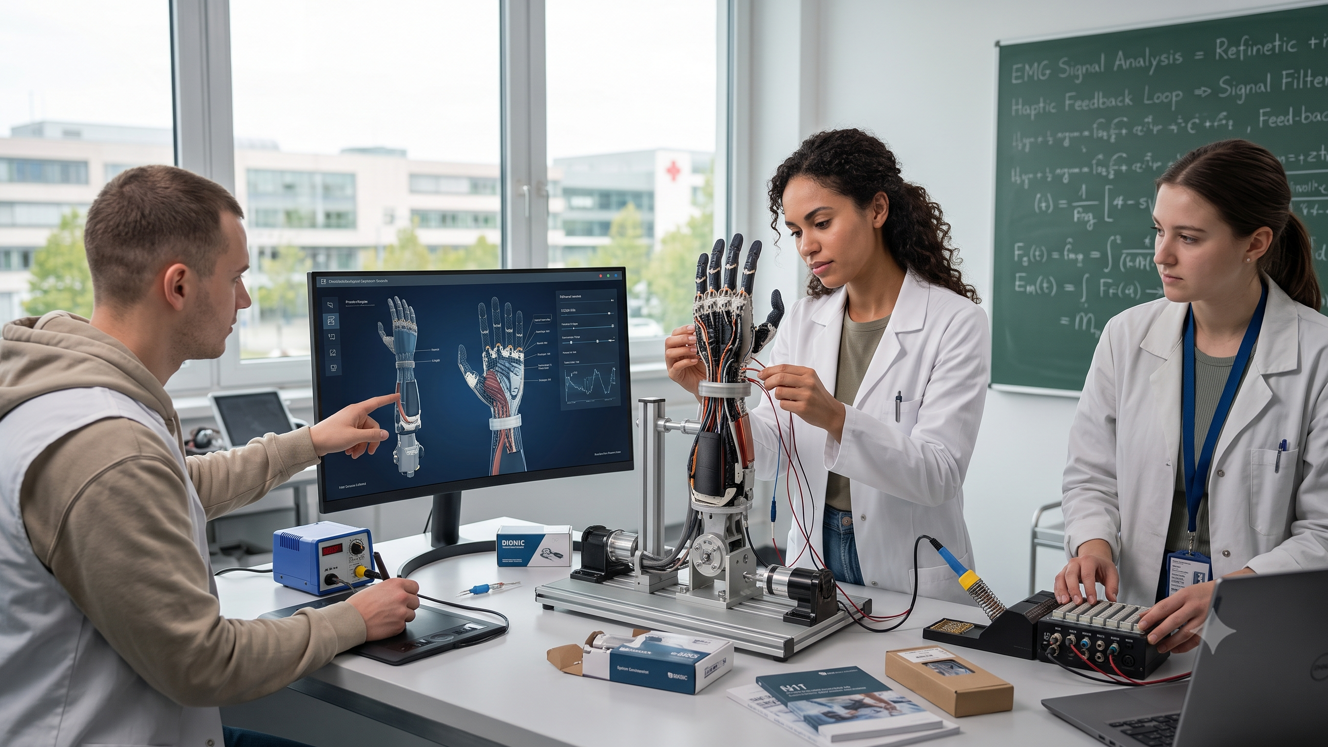 zwei junge Frauen und ein Mann schauen sich verschiedene MedTech-Objekte an.