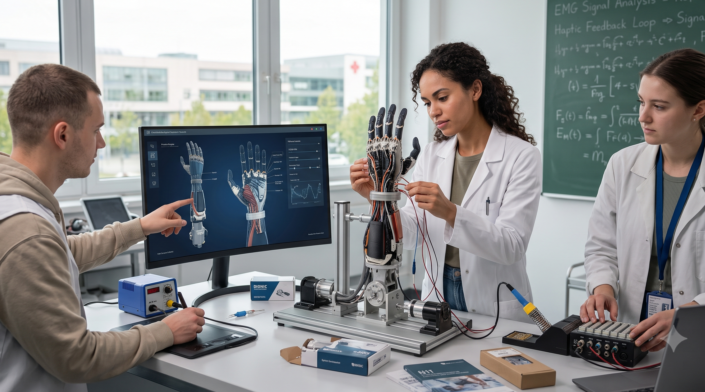 zwei junge Frauen und ein Mann schauen sich verschiedene MedTech-Objekte an.