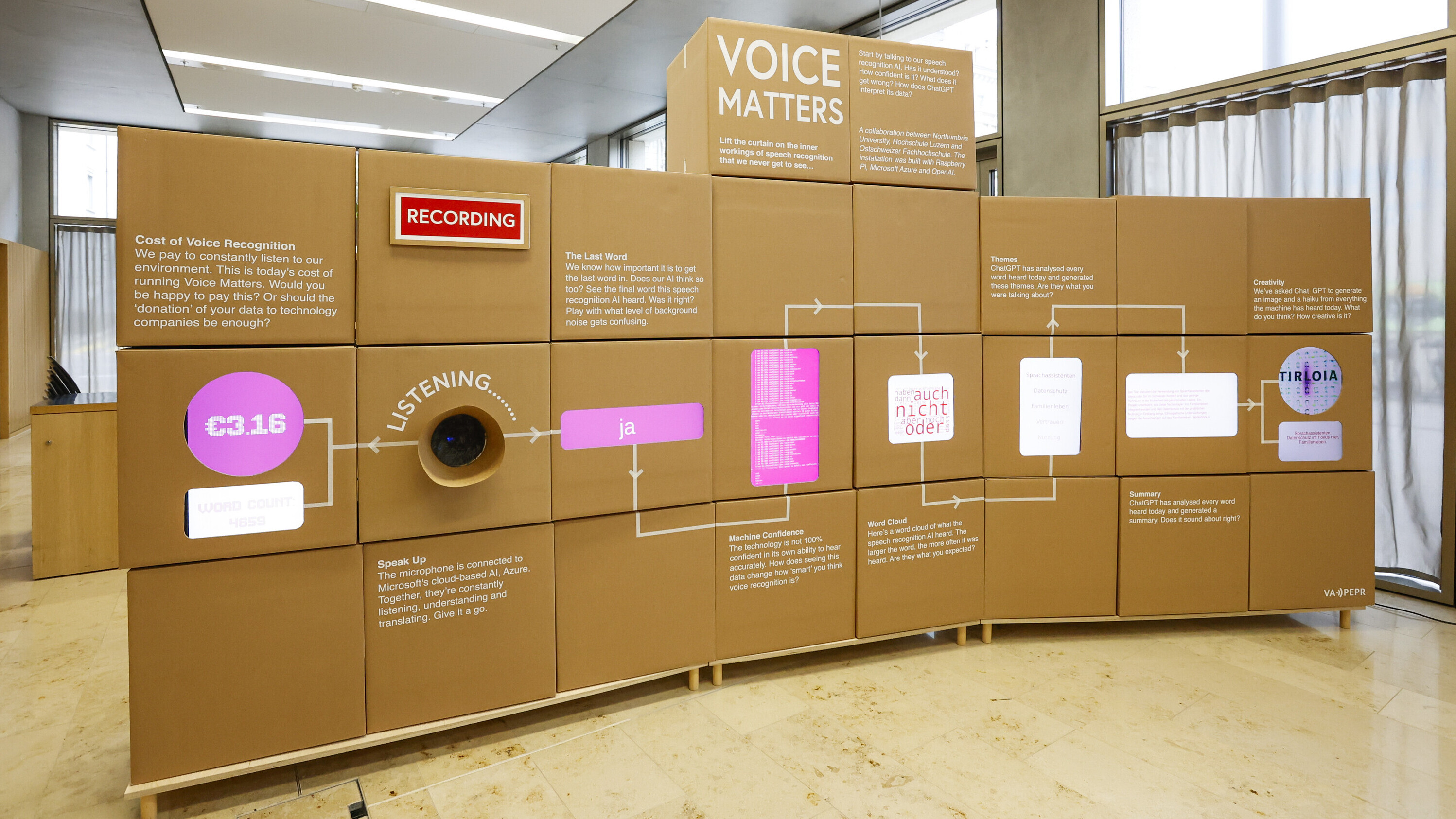 Installation "Spracherkennung mit Künstlicher Intelligenz erleben" Installation in Form einer grossen Wand, mit welcher die Spracherkennung mit Künstlicher Intelligenz dargestellt und selbst erlebt werden kann.