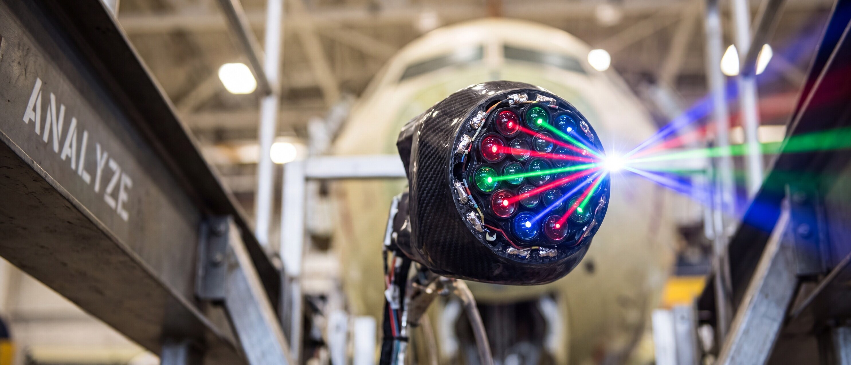 Laser scanning sensor aircraft inspection in industrial hangar with precision multi-color lidar beams measuring airplane fuselage for high-tech aerospace manufacturing and engineering calibration.