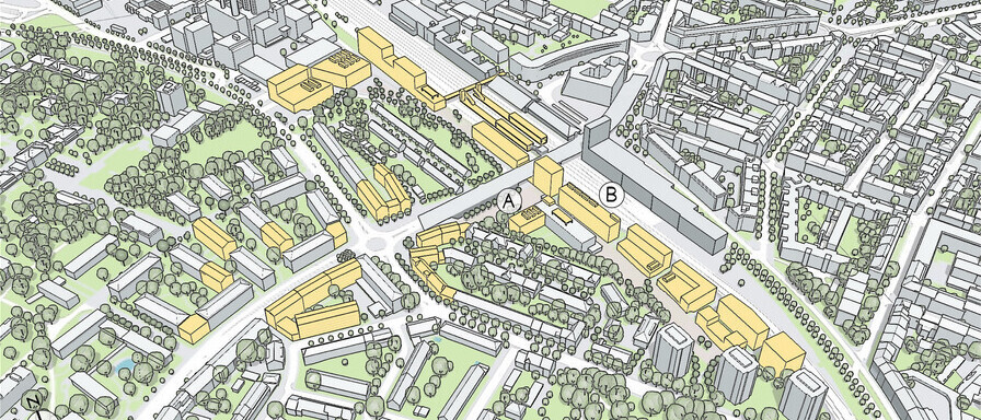 Städtebau-von-oben Übersicht auf Stadt als Illustration für Studienschwerpunkt Städtebau