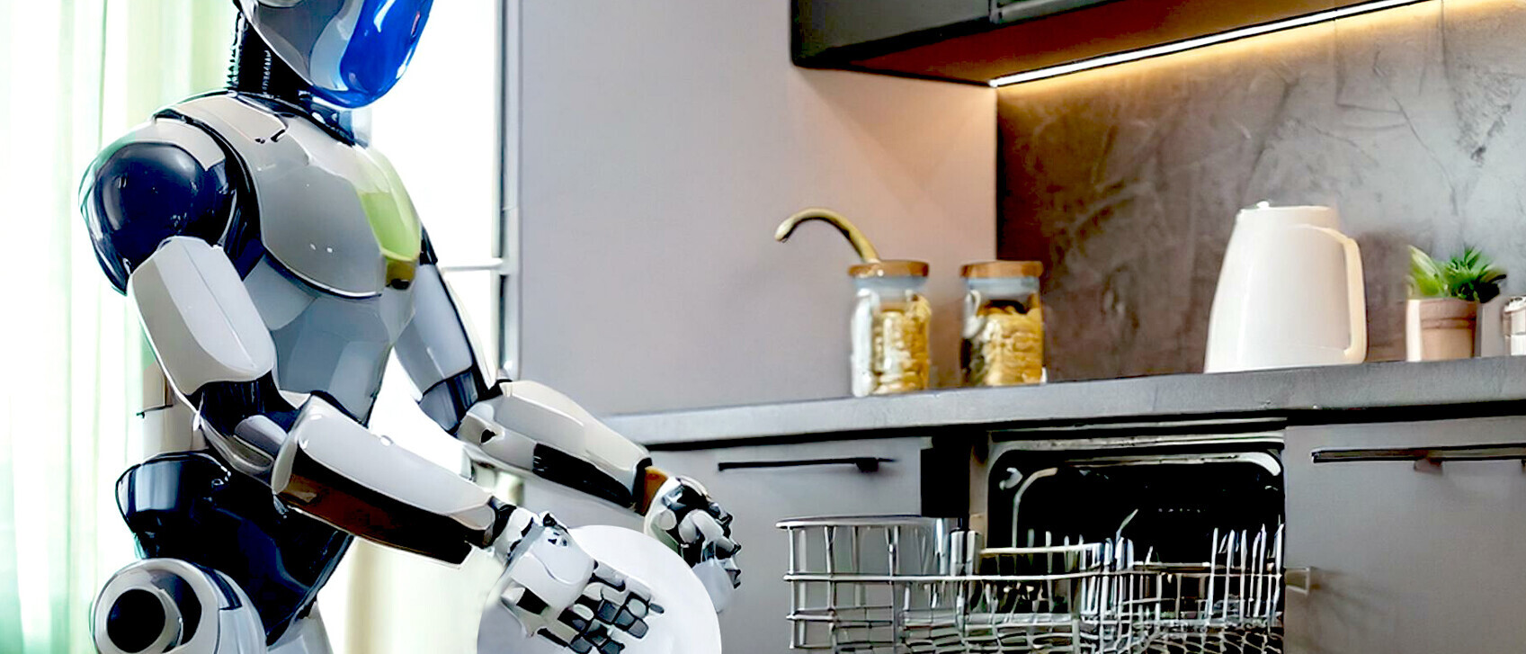 KI-generiertes Bild, das einen Roboter zeigt, der eine Geschirrspülmaschine einräumt. 