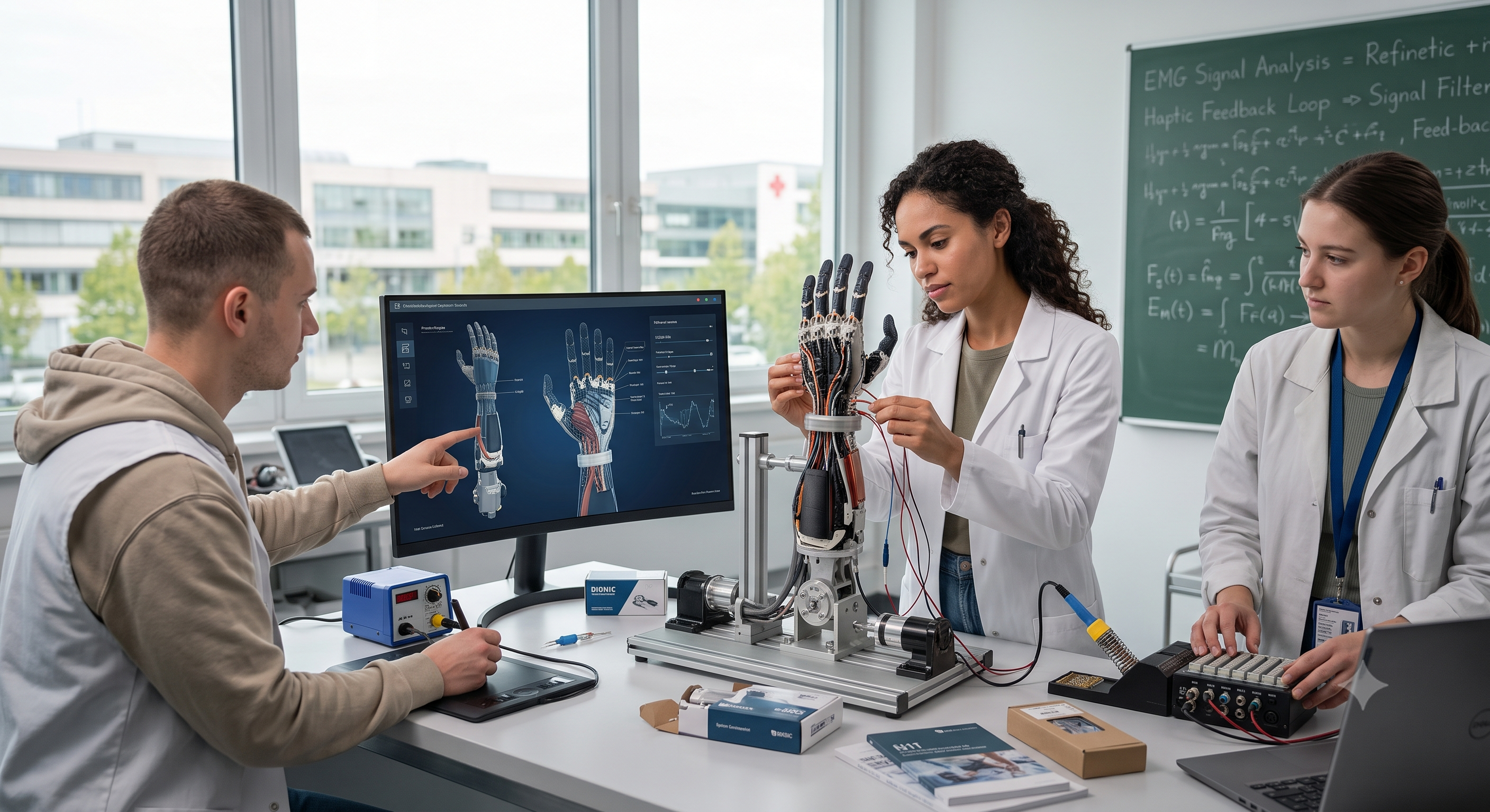 zwei junge Frauen und ein Mann schauen sich verschiedene MedTech-Objekte an.