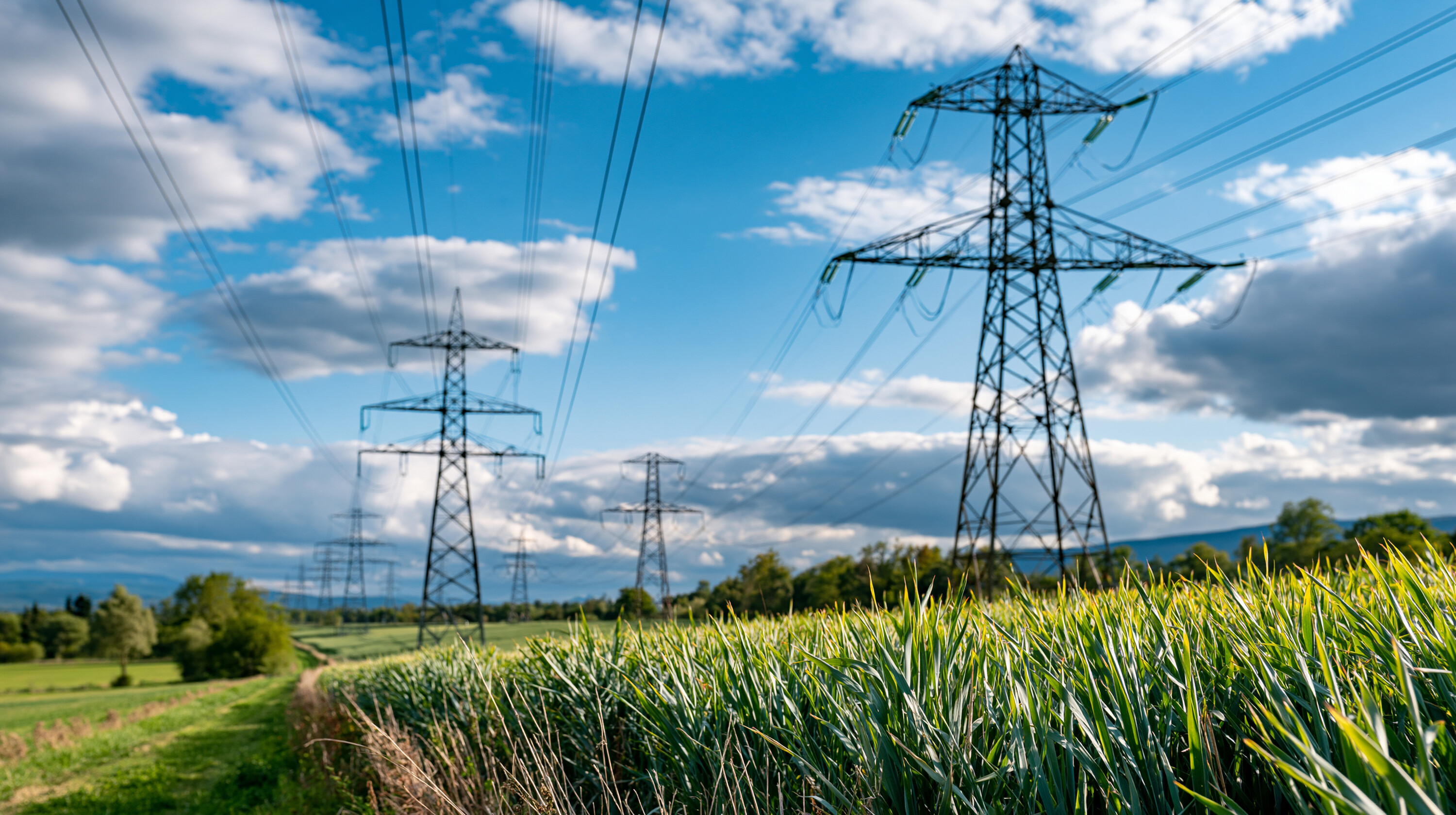 High voltage power lines leading through a lush green field steel supports crossing agricultural land under a bright blue sky high voltage power lines green field