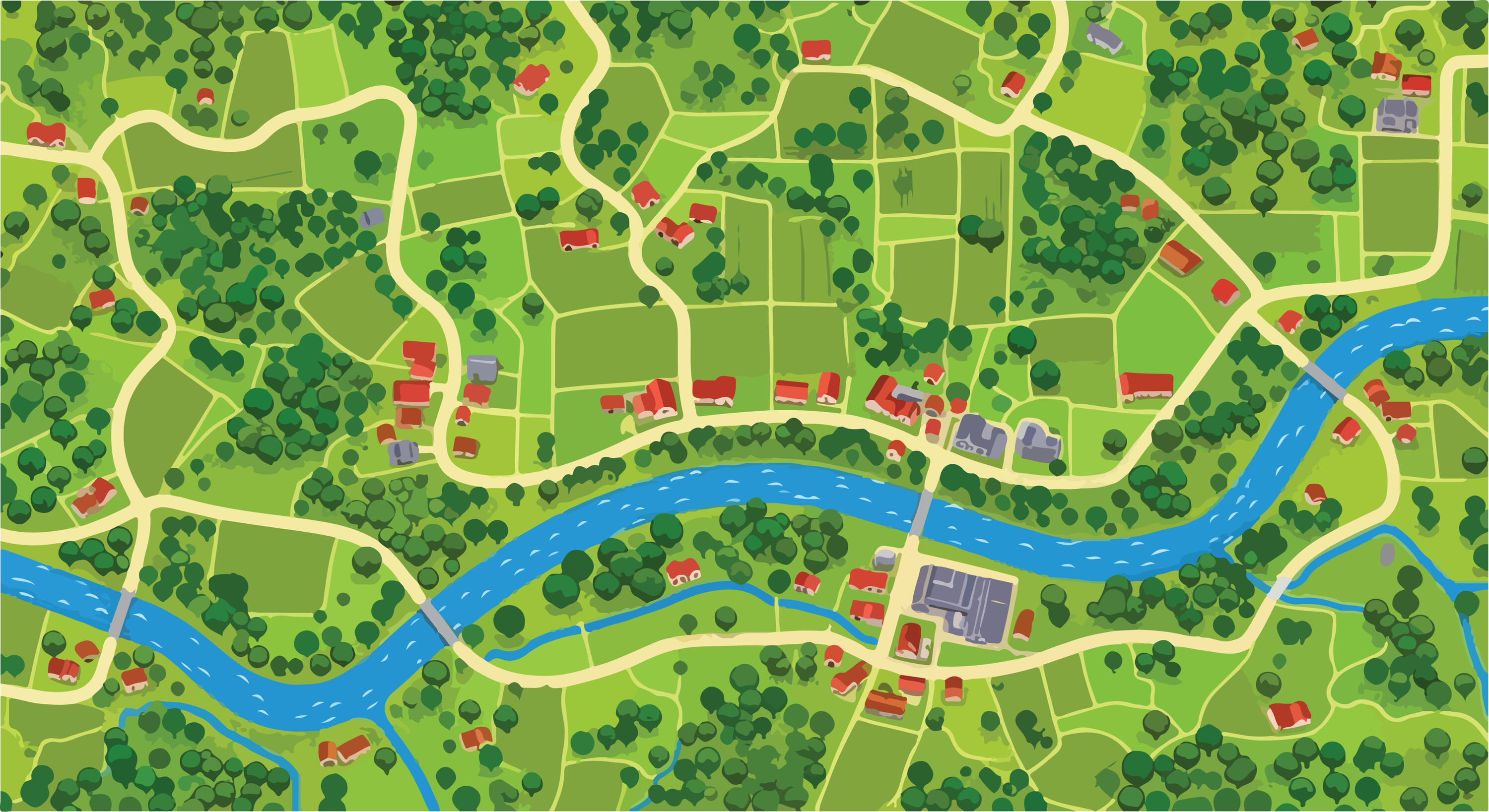 Aerial view village map vector, rural countryside landscape with winding river and roads, green farmland and forest topography illustration