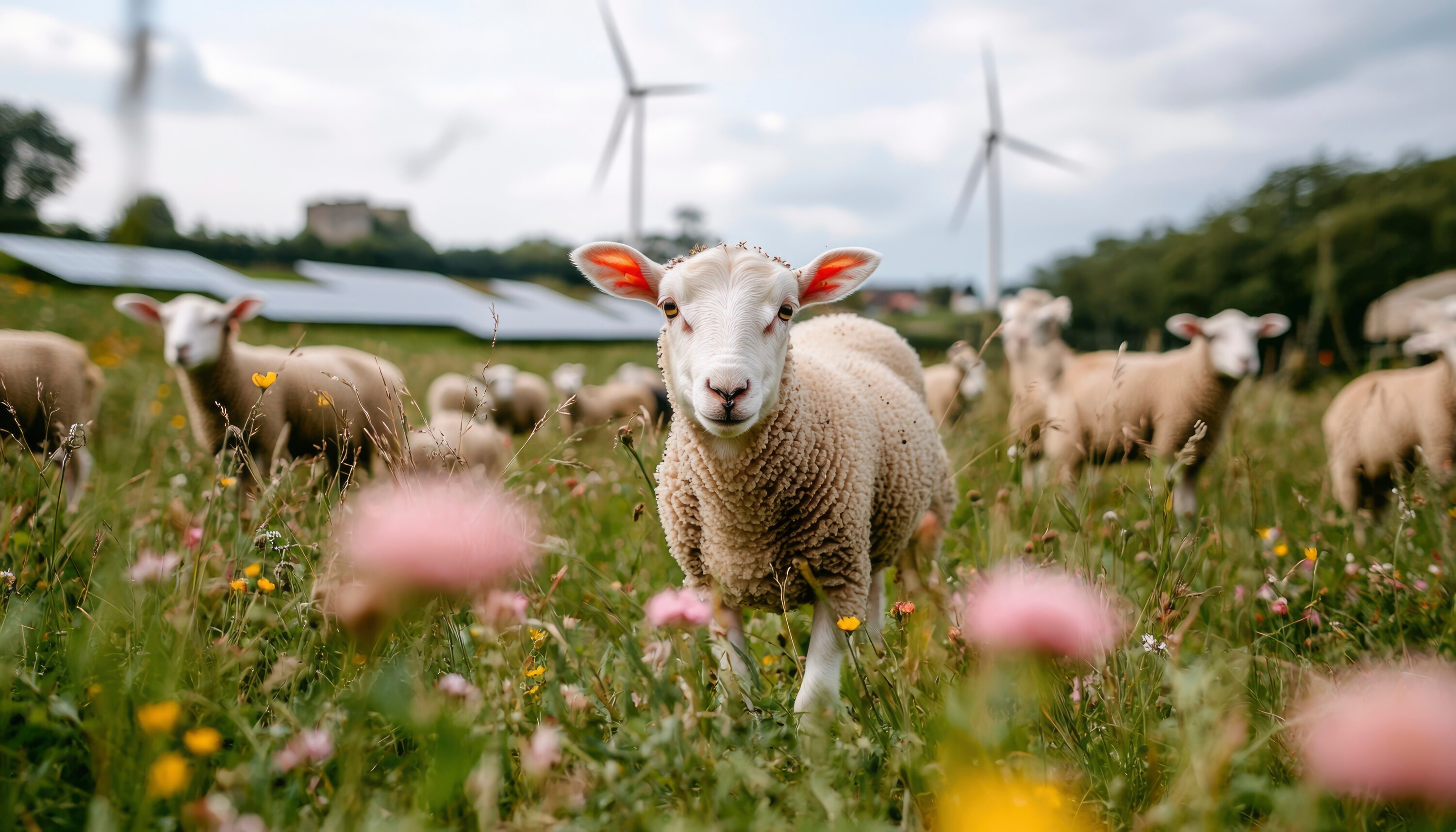 Sheep in a field with wind turbines and solar panels