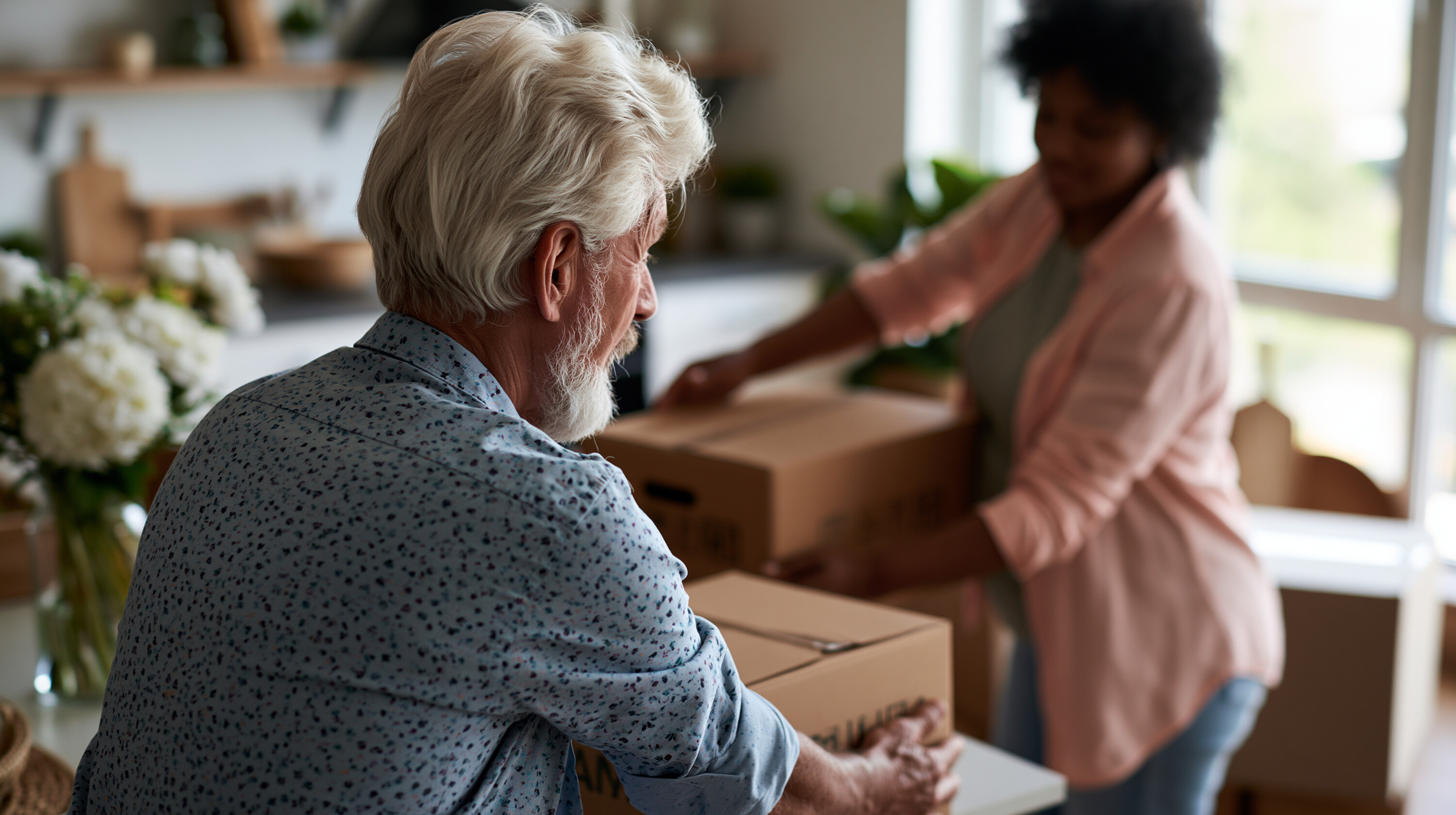 Rear view of an elderly couple packing labeled moving boxes together in a bright home interior life transition concept downsizing moving day senior couple new chapter
