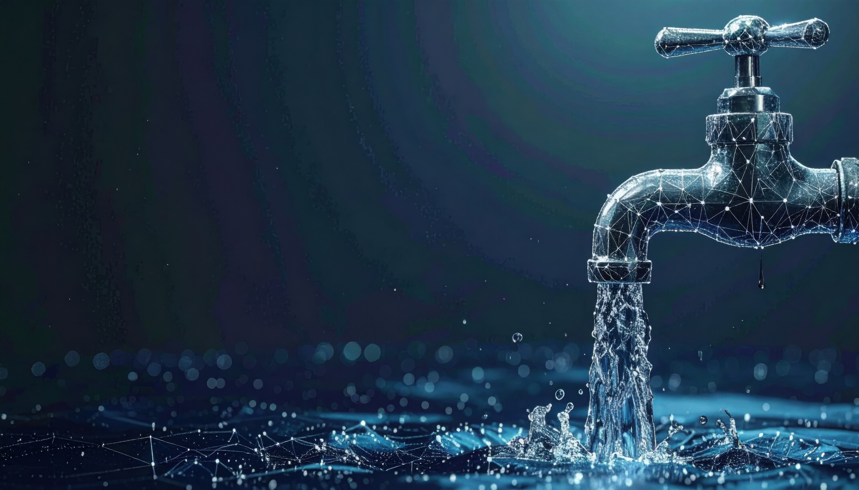 Modern water tap with digital wireframe effect pours fresh liquid against dark blue technical background