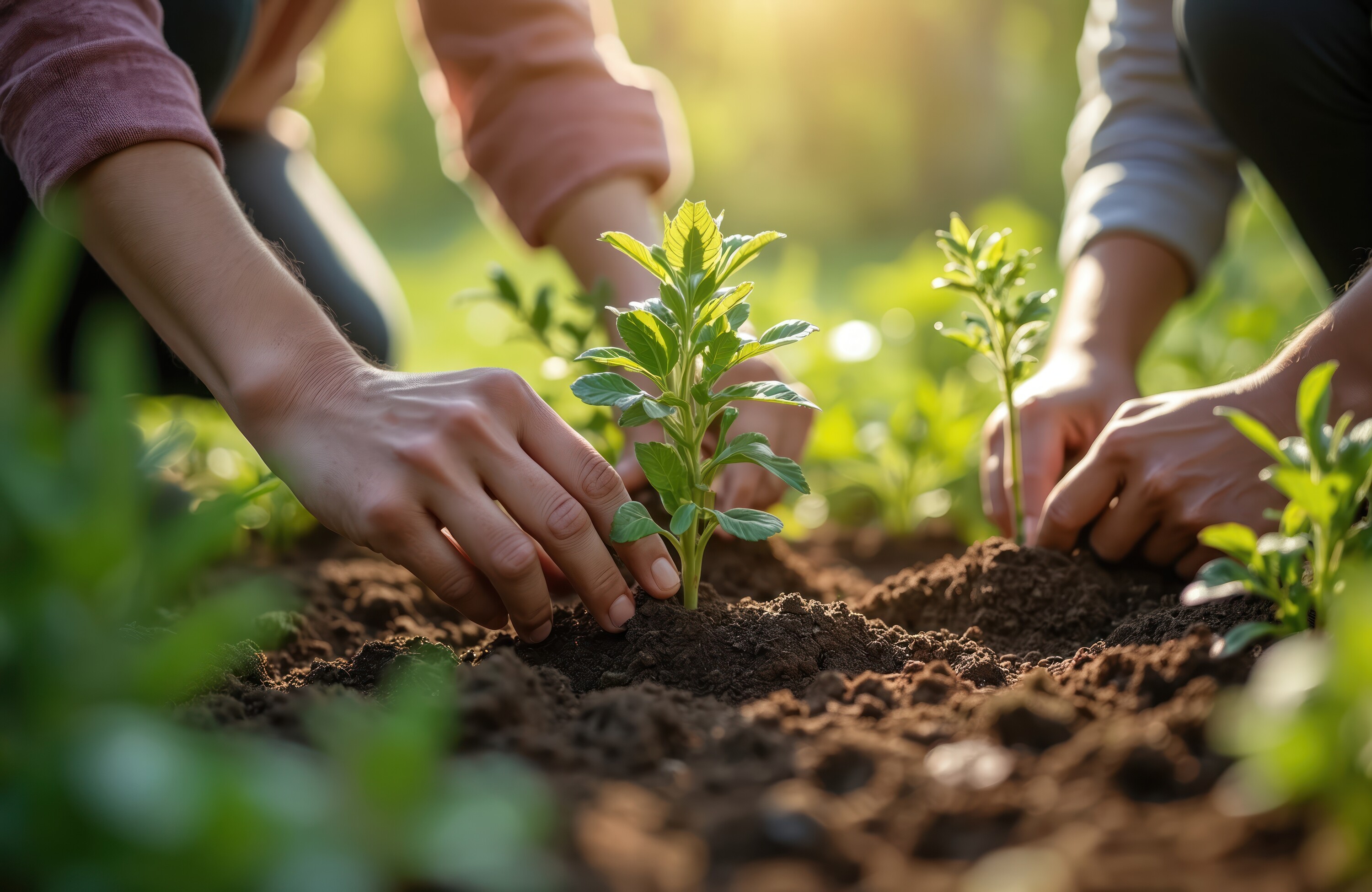 People plant saplings in soil outdoor. Hands carefully put young trees into ground. Spring gardening activity. Reforestation and nature conservation. Volunteer work. Green earth day.