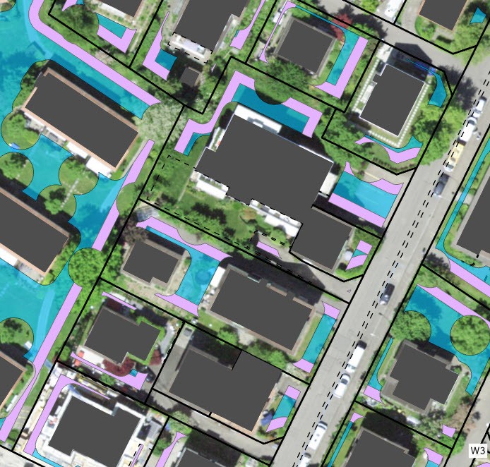 Das GIS-basierte Modell zeigt das Baumpflanzpotenzial für grosskronige (blau) und kleinkronige (rosa) Bäume. Quelle: eigene Darstellung unter Verwenden von AV-Daten Kanton Zürich.