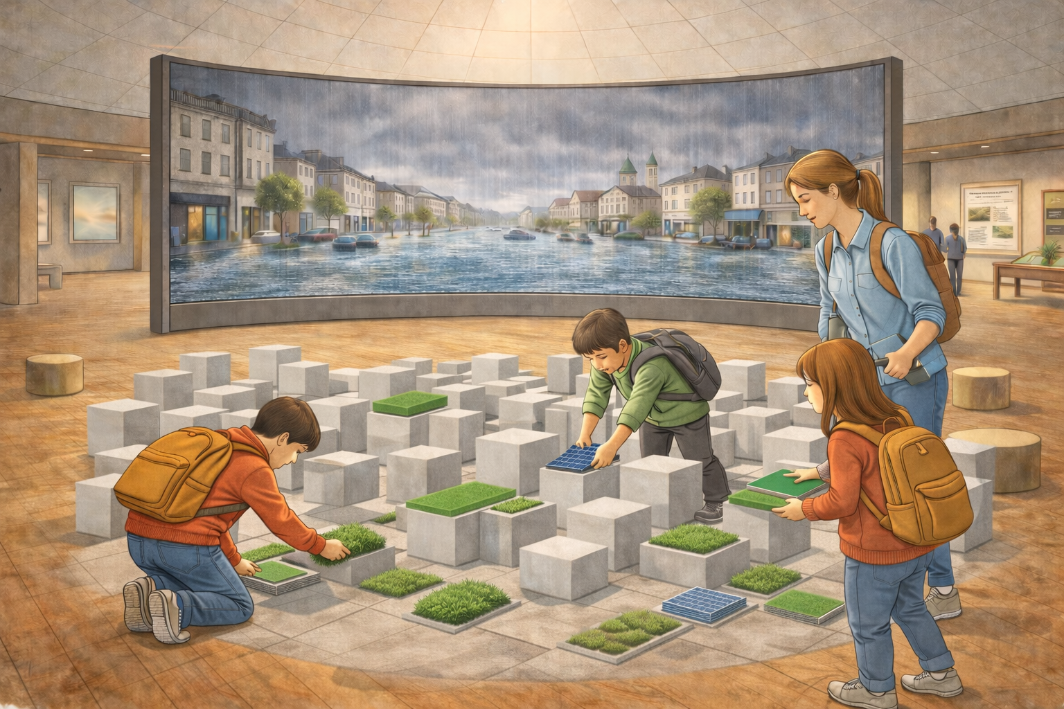 Konzeptionelle Skizze, Schwammstadt Erlebnis, Phänomena On Tour 2027. Hochschule OST & Hochschule Luzern – Design Film Kunst. KI-generierte Visualisierung.