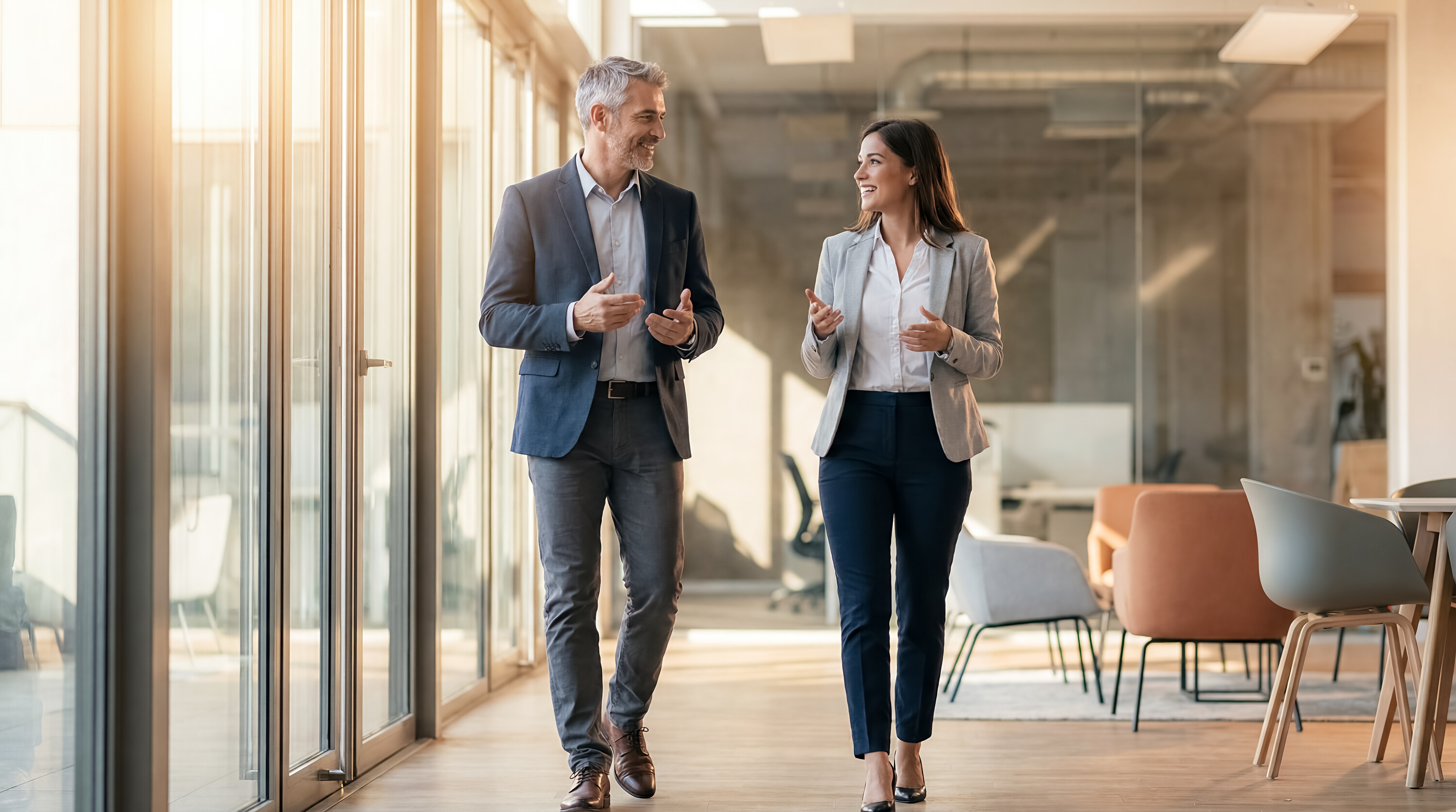 office mentorship coaching mentor mentee walking career guidance leadership support senior executive and young professional walk through bright corridor discussing goals progress and next