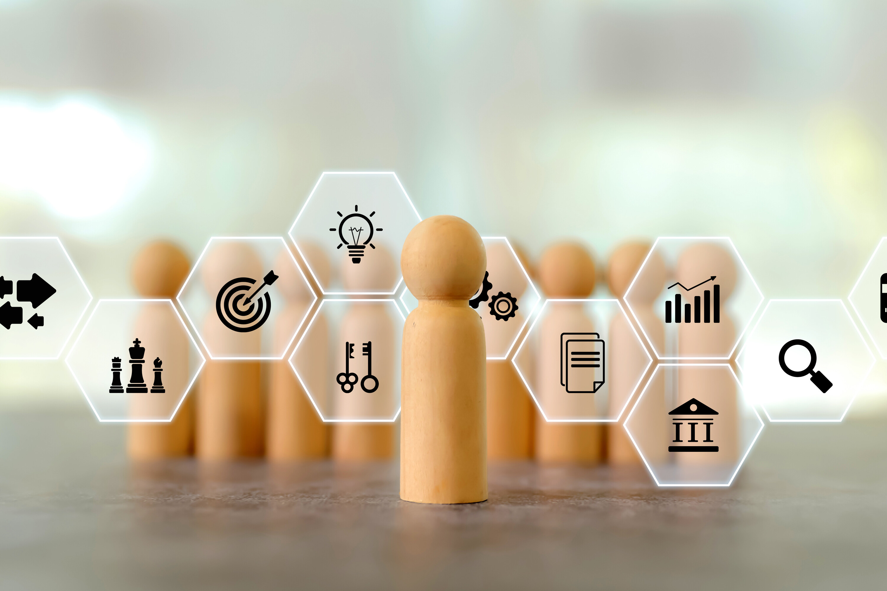 Wooden person stands with HR human resources icons for personal leader training skill or leadership and challenge business team player and organization management teamwork