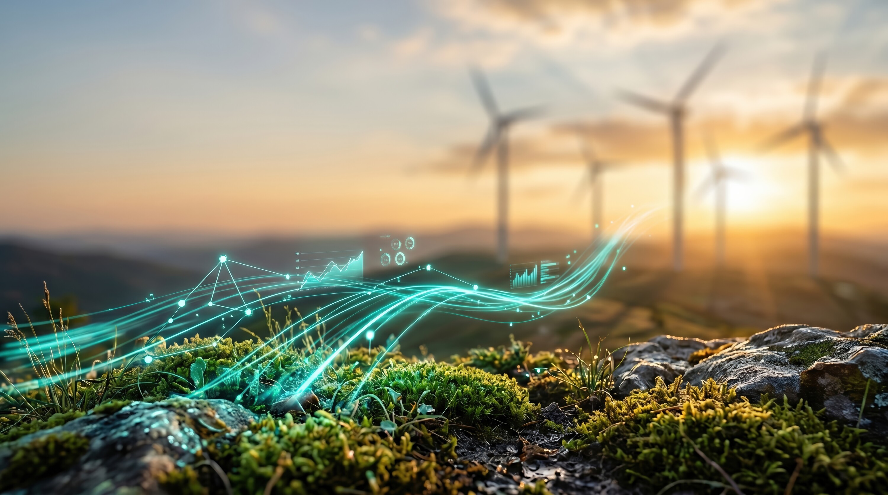 Sustainable energy digital transformation concept, 3D render illustration of wind turbines. Smart grid technology and AI for green power efficiency.