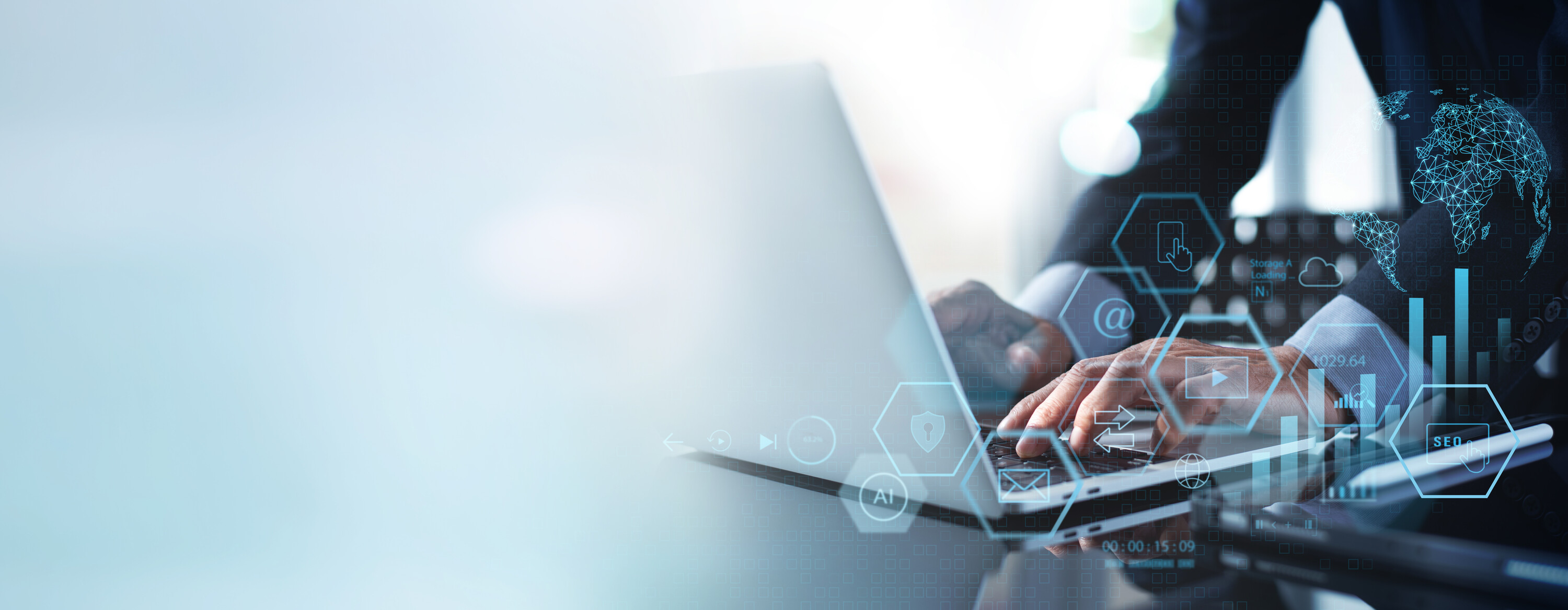 Digital marketing, online business, Businessman using laptop com