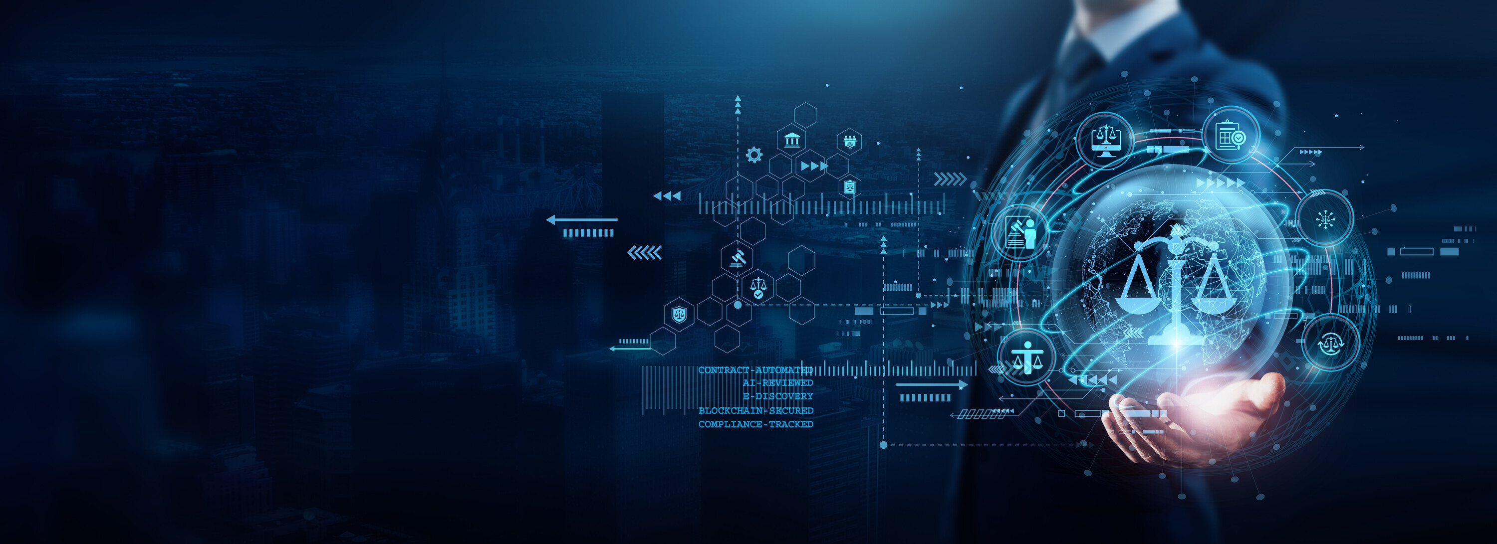 LegalTech. Businessman holding legal technology solutions, transforming traditional practices to enhance efficiency and accuracy. Legal professionals to automate processes, streamline case management.