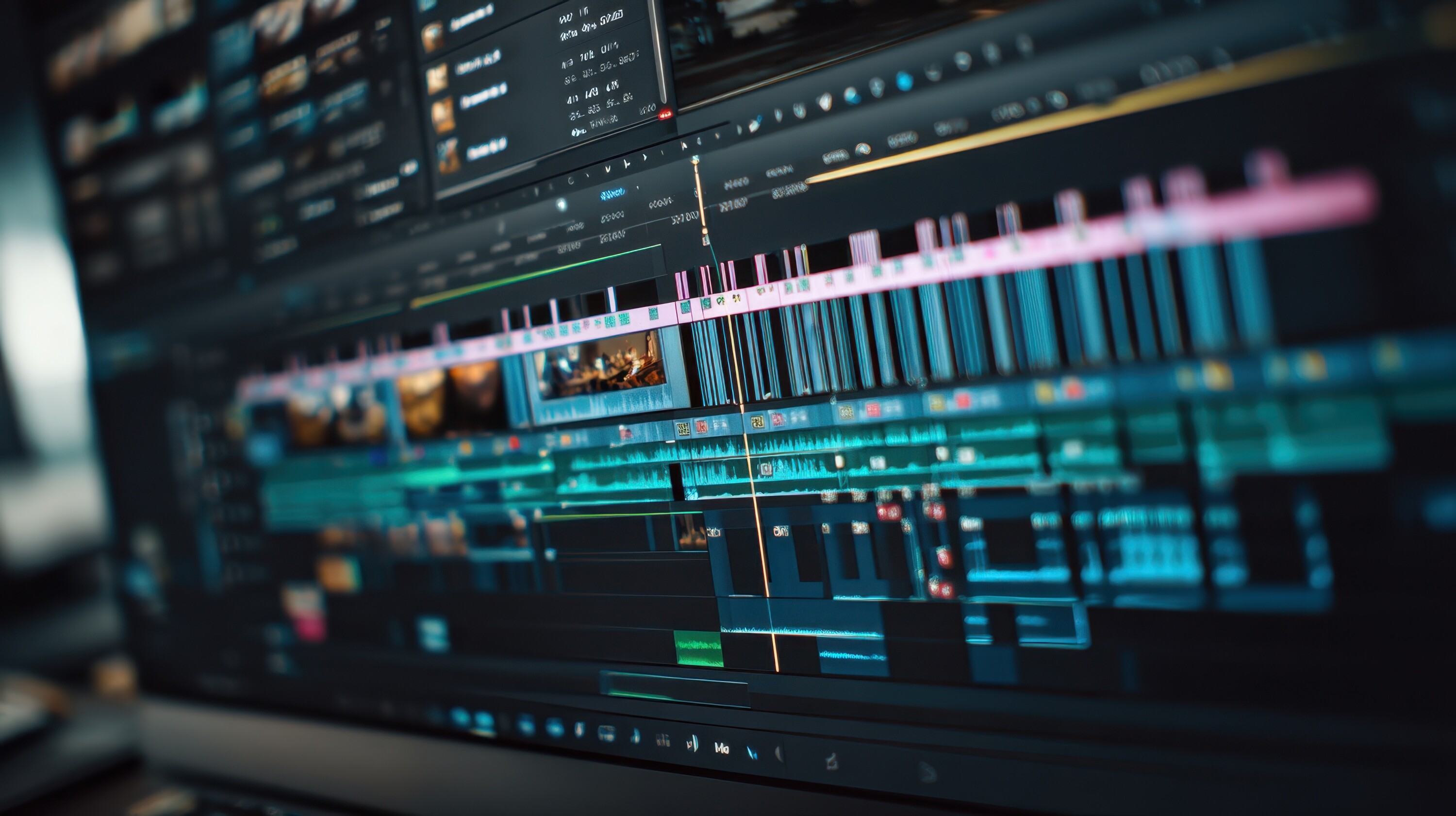 A computer screen displays the timeline of a video editing project. Different clips audio tracks and effects are arranged on the workspace. The editing software shows a detailed view of the project.