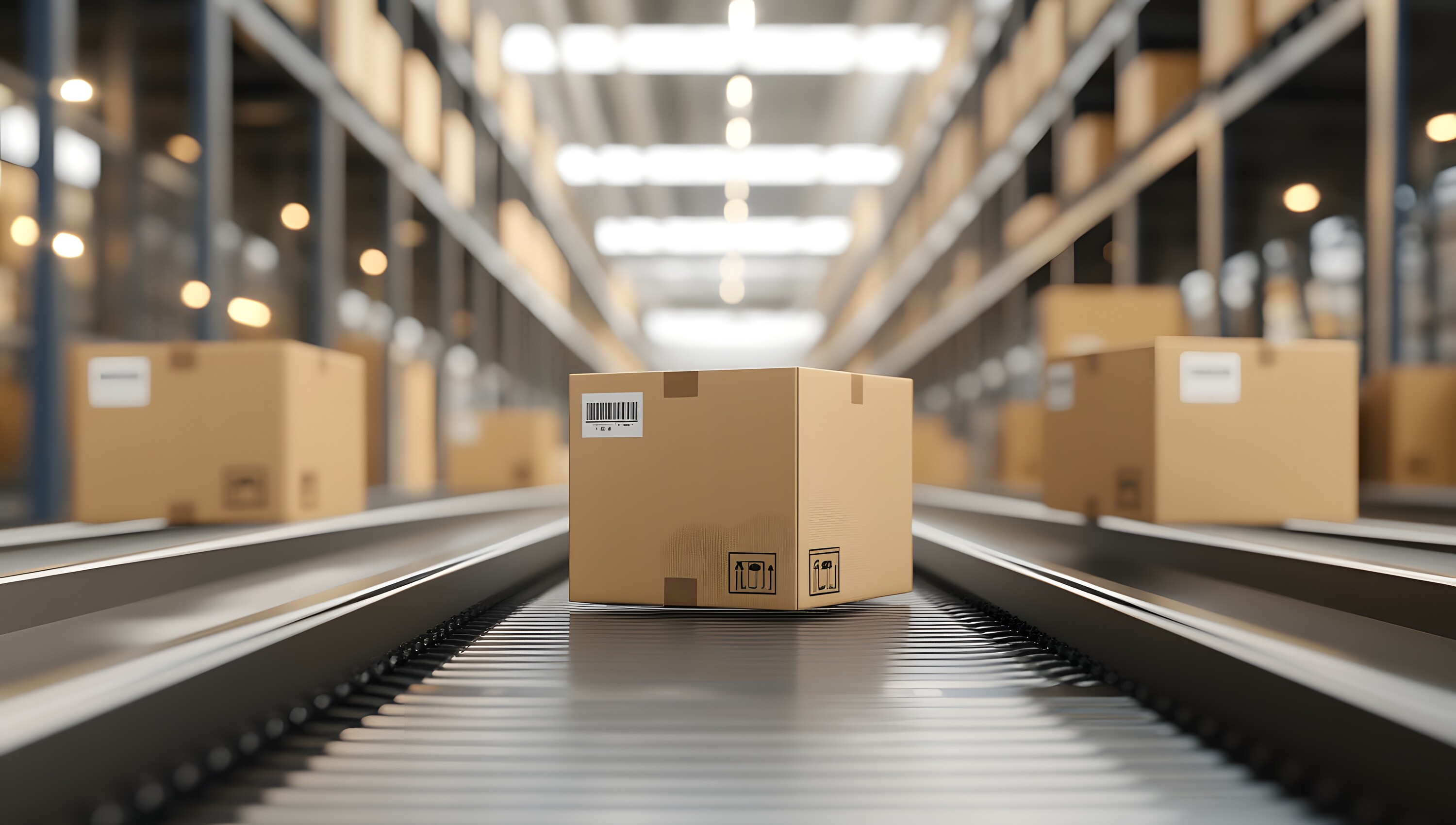 Cardboard boxes on conveyor belt in warehouse
