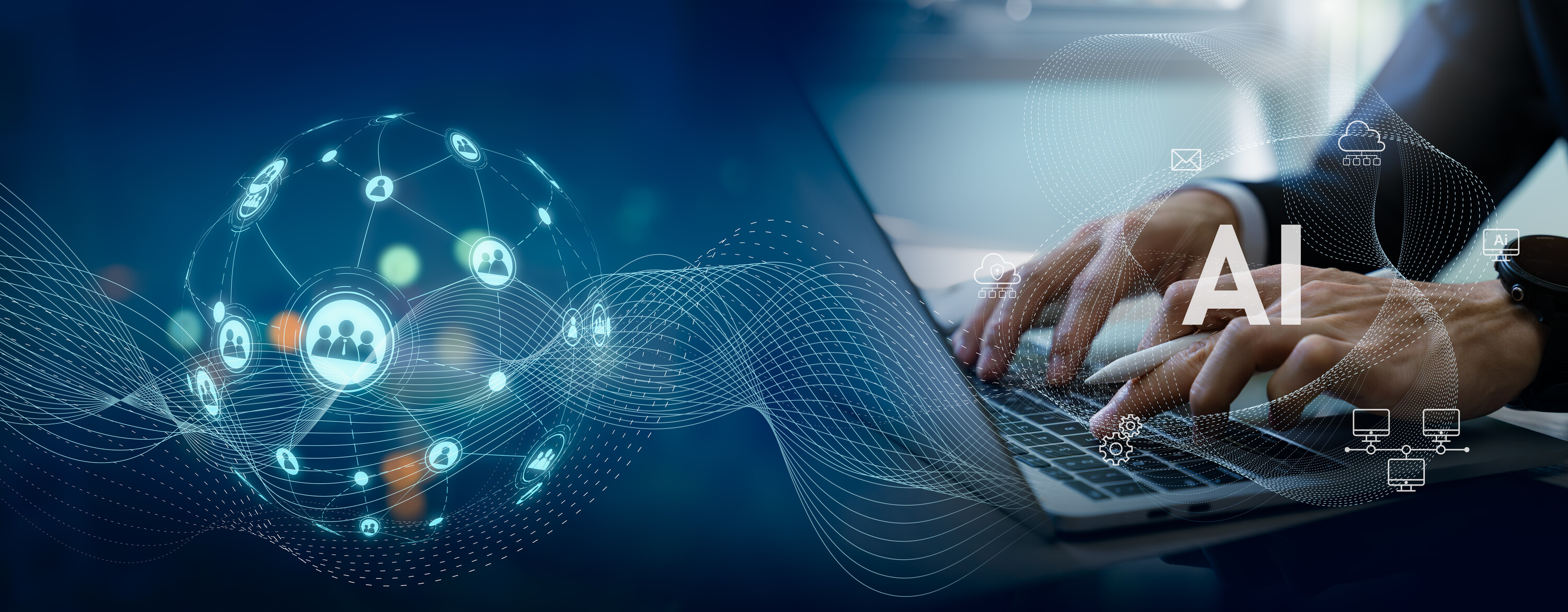 AI tech background with artificial intelligence and big data analytics,representing innovative technology banner,digital wave signal,6G,ai agentic,smart city infrastructure,cloud computing interface