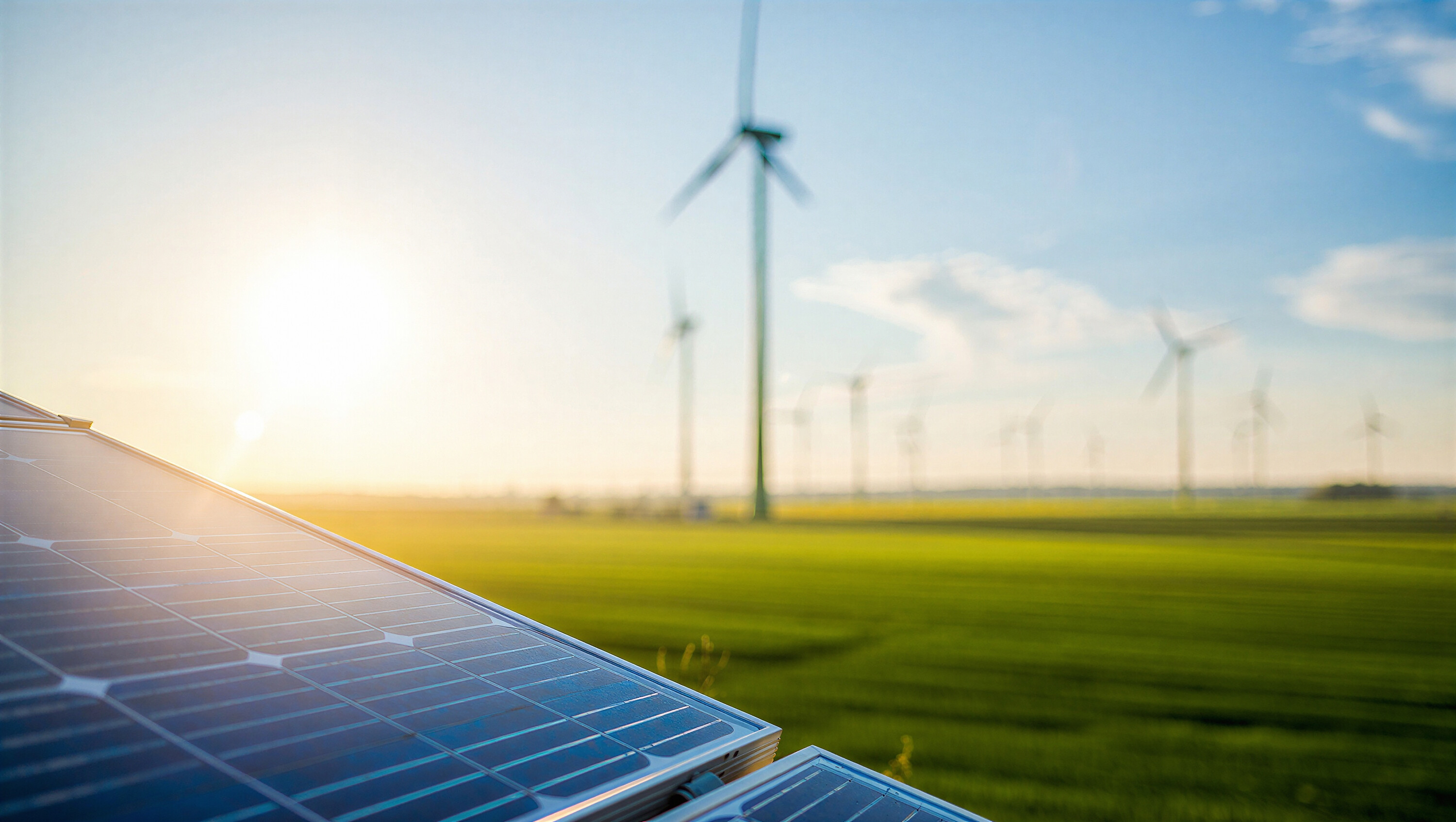 Solar panel arrays and wind energy turbines at sunset with renewable sustainable electricity