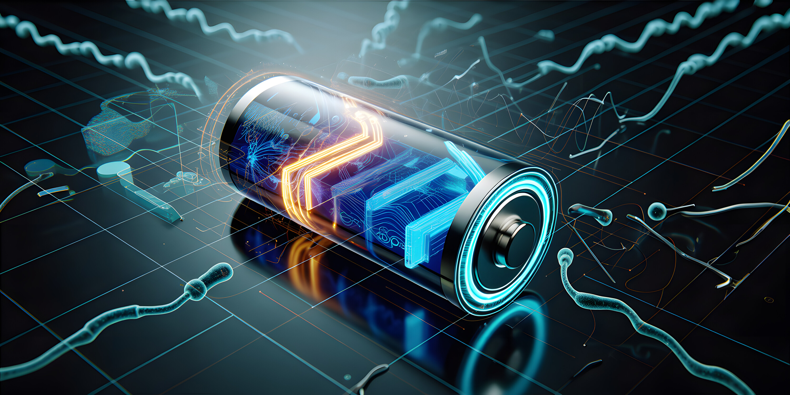 Futuristic energy battery technology displaying digital abstract data flow on dark background.