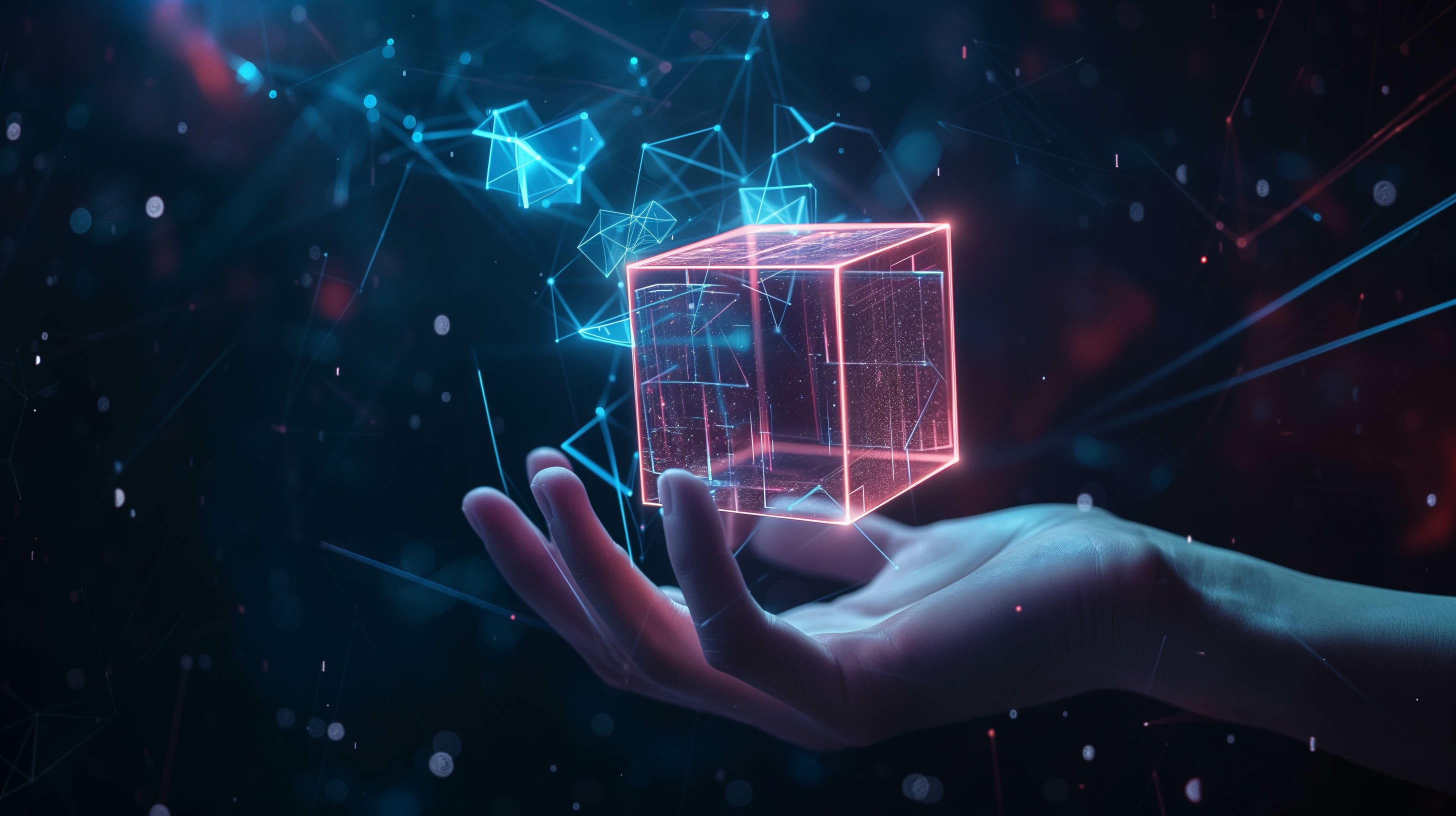 angewandte Künstliche Intelligenz visualisiert mit einer Hand, welche einen leuchtenden Würfel hält